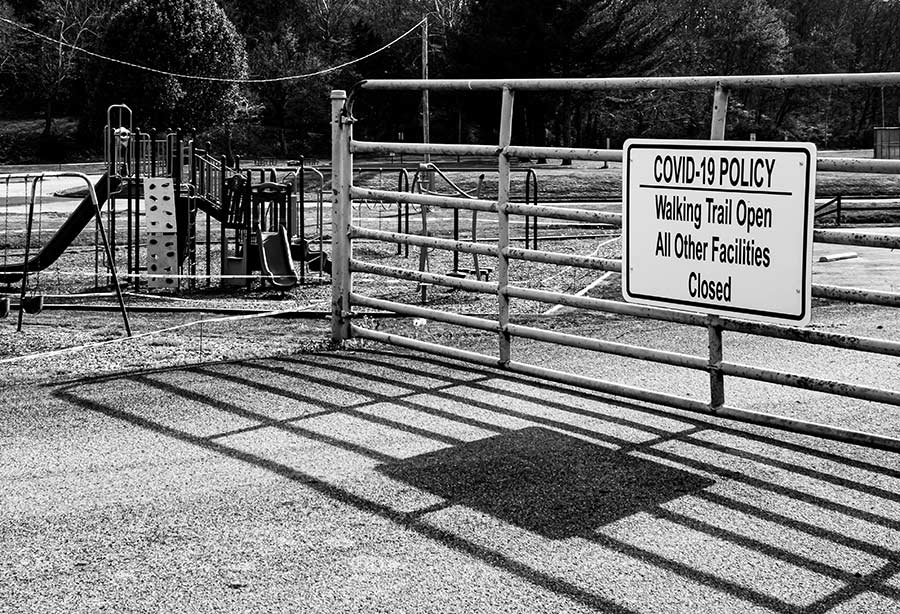 The entrance to Hardin Park in Greeneville, TN, is very foreboding with the gate closed to vehicle traffic and the ominous COVID-19 sign indicating the reason why.
Copyrights to Eric Kaltenmark © All rights reserved.