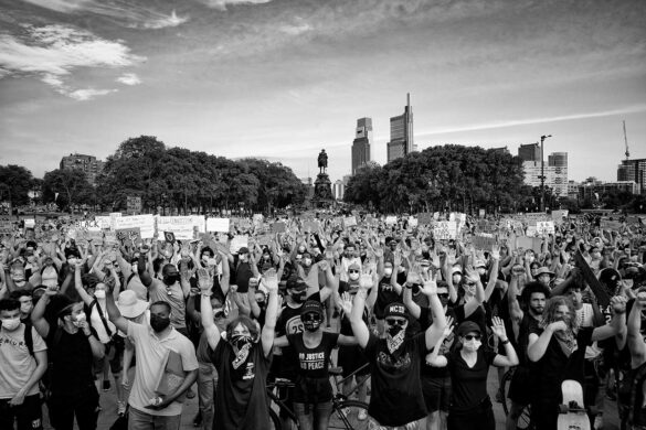 Peaceful Protest Pt.I A crowd gathered in front of the Philadelphia Museum of Art every day of the protest. As the group began to form in front of the steps, they held up their hands, saying, "hands up, don't shoot." Copyrights to Ada Trillo © All rights reserved.