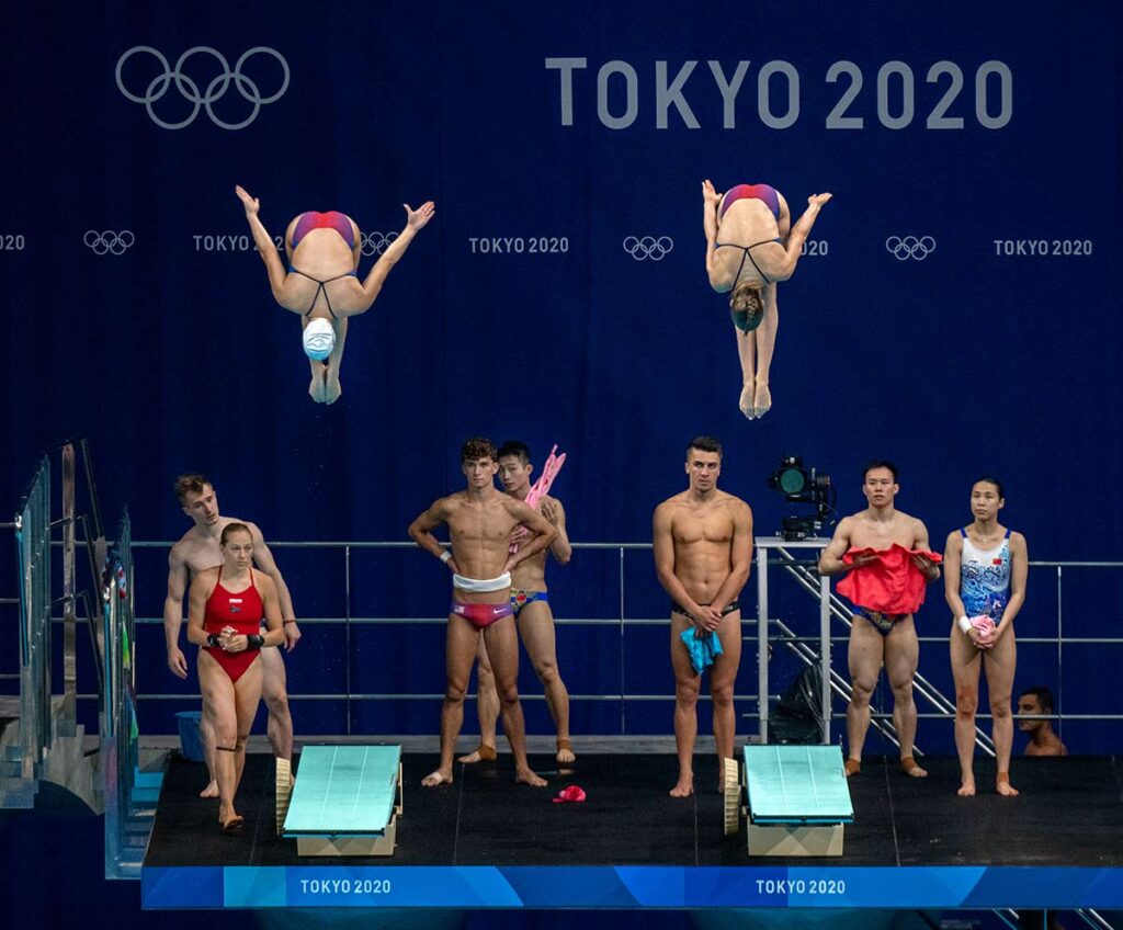 Divers prepare for competition in Tokyo in the days before the opening ceremonies of the Games of the XXXII Olympiad. 
Mark Edward Harris © All rights reserved.
