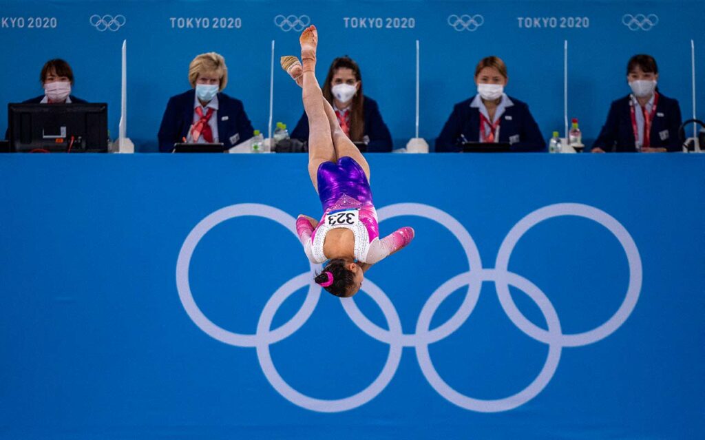 Tang Xijing of Team China performing a floor routine in front of judges on July 30 during the women’s individual all-around gymnastics final. Mark Edward Harris © All rights reserved.