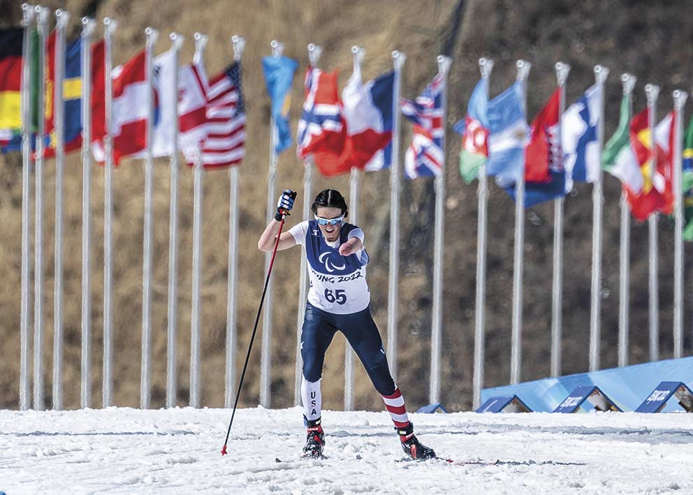 Team USA’s Dani Aravich on the home stretch of the Women’s Middle Distance Free Standing Para Cross-Country Skiing race, Beijing 2022 Paralympics.
Mark Edward Harris/Zuma Press © All rights reserved.