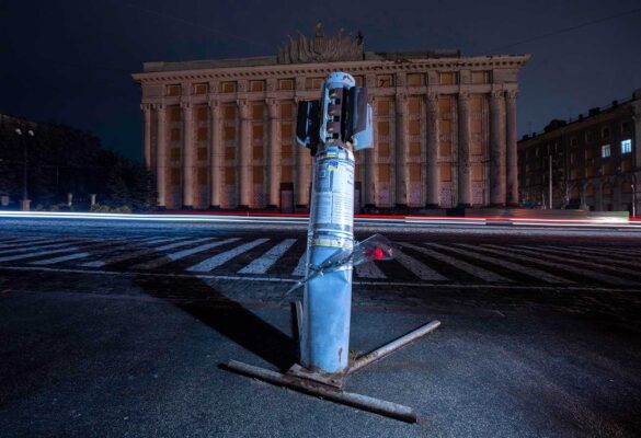A deactivated unexploded missile on display in front of the Kharkiv Regional Administration Building that was heavily damaged during a missile strike on March 1, 2022. Mark Edward Harris, Zuma Press © All rights reserved.