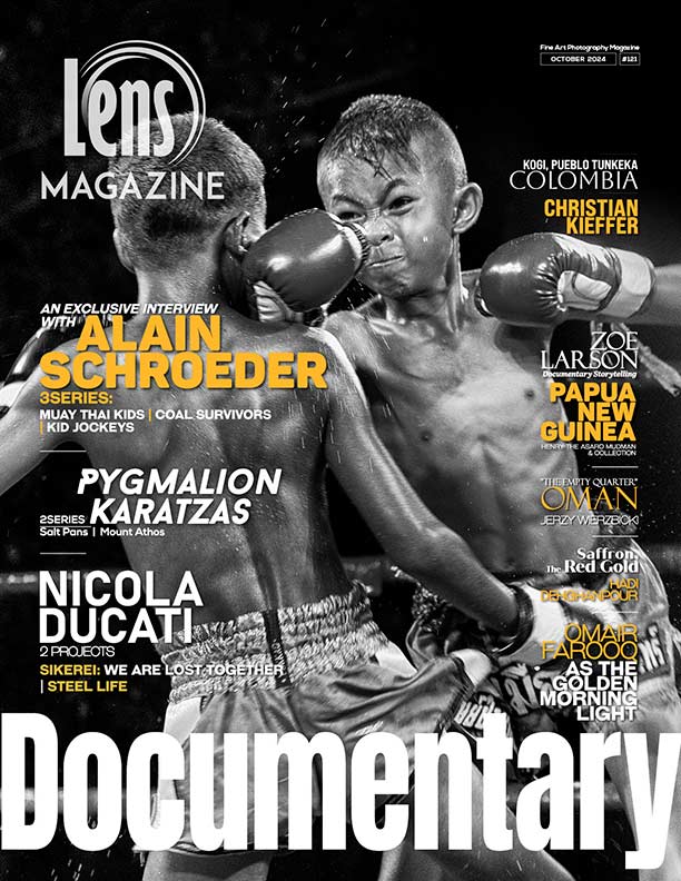 Lens Magazine. October 2024. Documentary Issue #121. An interview with internationally acclaimed photographer Alain Schroeder. On the Cover: Muay Thai Kids