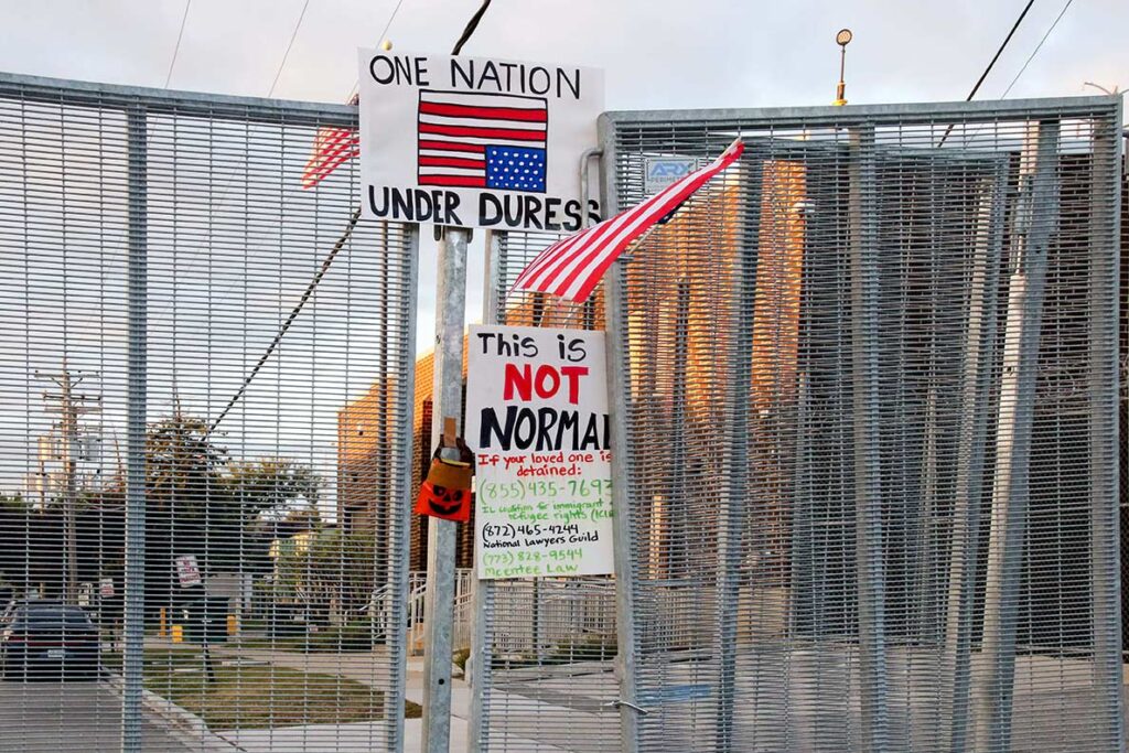 Broadview’s Stand #15
U.S. Immigration and Customs Enforcement put a fence around the ICE detention facility on Beach Street in Broadview, IL, USA. The Broadview Fire Department has reached out to Homeland Security, stating that the structure was “illegally built” on a public street, blocking firefighters in an emergency, and demanding that the fencing be removed immediately.
Alexandra Buxbaum © All rights reserved.